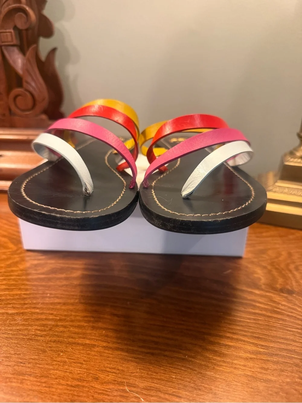 Tory Burch Patos Black Leather Slide Sandals Yellow Red Pink White Strap Size 9